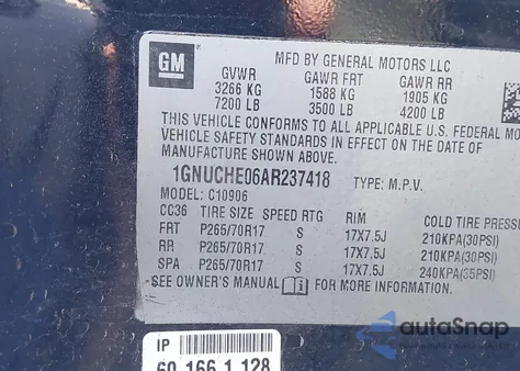 2010 Chevrolet Suburban 1500 Ls z USA, uszkodzony, nr VIN 1GNUCHE06AR237418